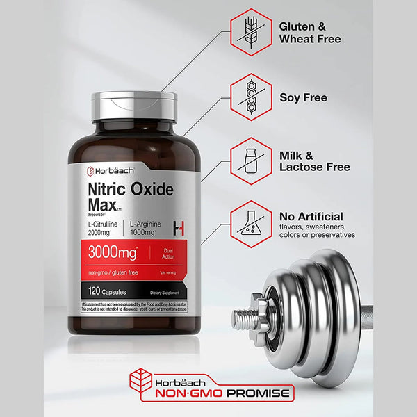 Nitric Oxide NO2 Booster 3000mg 120 Capsules by Horbaach – PureNutri